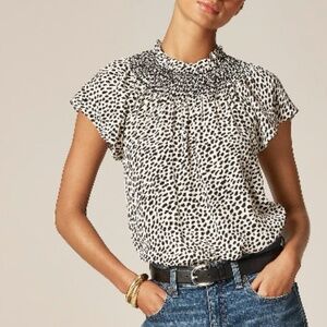 J. Crew Smocked High-neck Top in Animal Spot Print – Size Small